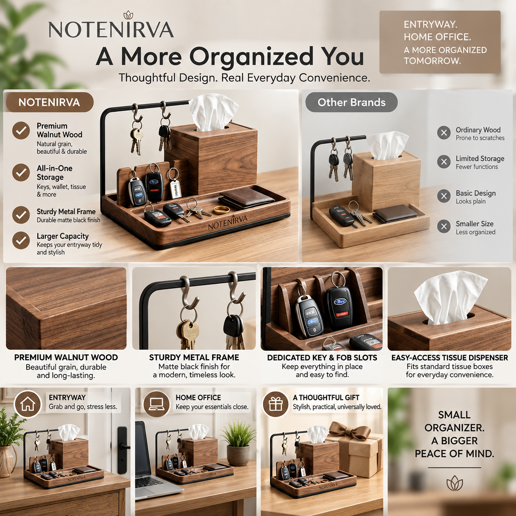 Notenirva Modern Wooden EDC Valet Station – Solid Walnut & Matte Black Metal Key Holder, Tissue Dispenser, and Wallet Catchall