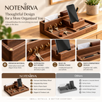 notenirva Modern Walnut Wood EDC Valet Station – Entryway Mail Sorter, Brass Key Hooks, Phone Dock & Pen Catchall Tray