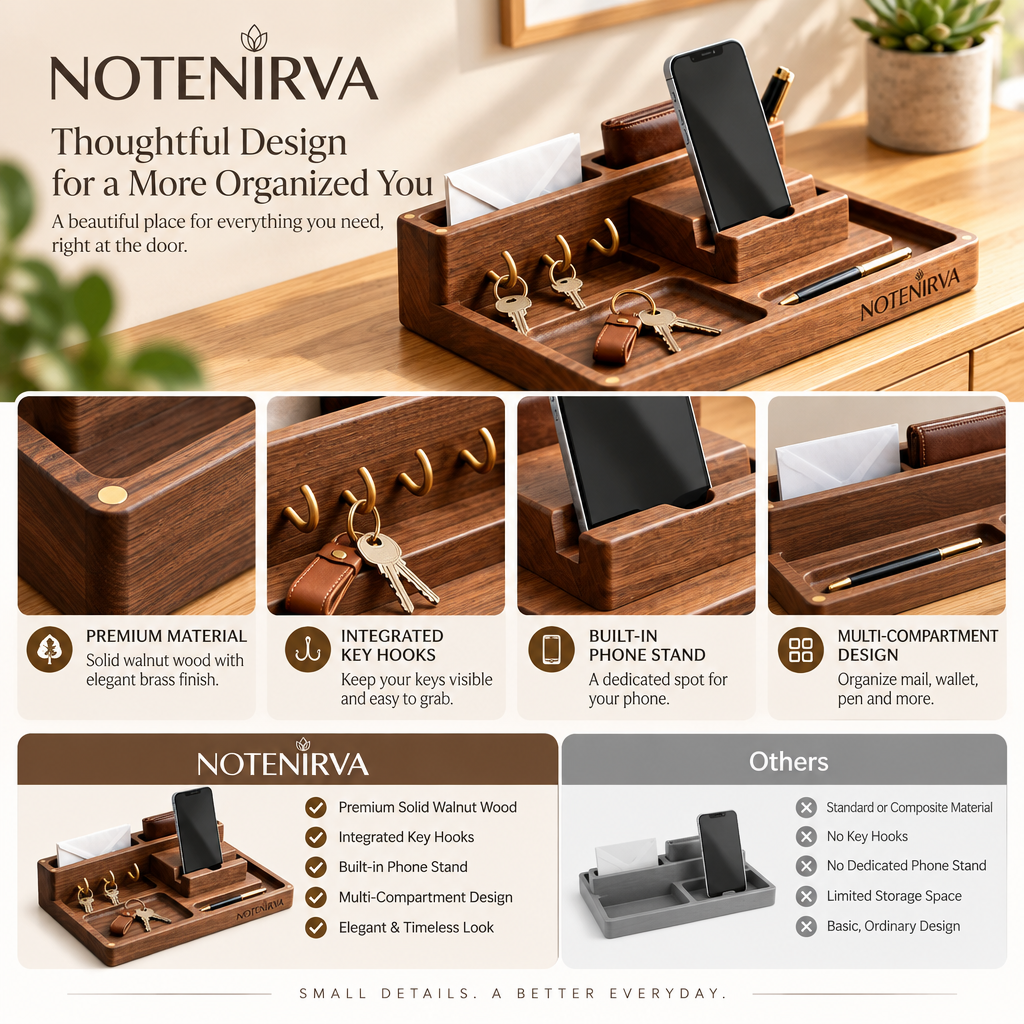 notenirva Modern Walnut Wood EDC Valet Station – Entryway Mail Sorter, Brass Key Hooks, Phone Dock & Pen Catchall Tray