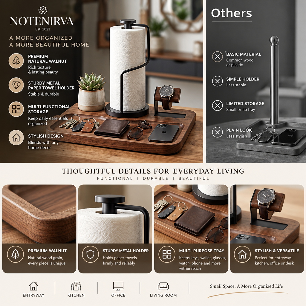 Notenirva Modern Walnut Wood & Metal Valet Station – Paper Towel Dispenser, Watch Display Stand & Desktop Organizer Tray