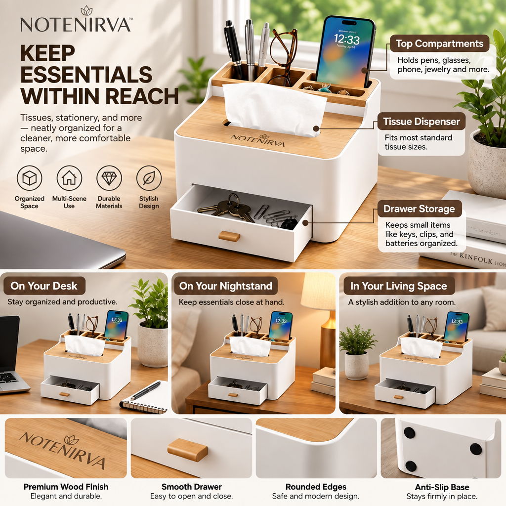 notenirva Modern Nordic Tissue Box Organizer with Natural Wood Lid & Drawer – Minimalist Desktop Caddy for Living Room, Bedroom & Vanity