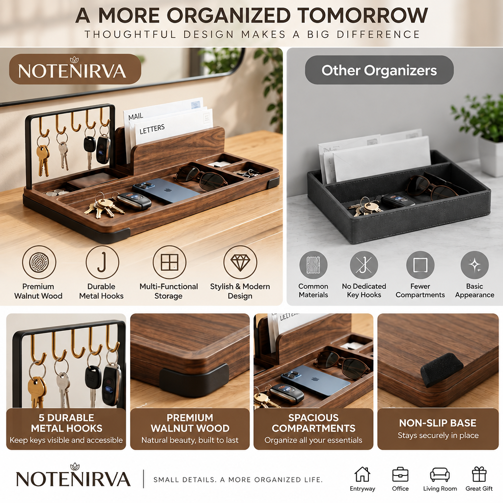 notenirva Entryway Organizer with 5 Metal Key Hooks – Walnut Wood Mail Sorter & EDC Valet Tray for Console Table & Office Desk (Organizer Only)