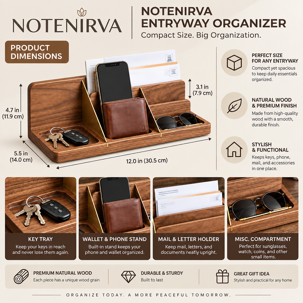 notenirva 4-in-1 Wooden Entryway Organizer & Valet Tray – Walnut Finish Catchall with Mail Sorter, Phone Stand, Wallet Dock & Key Tray (Tray Only)