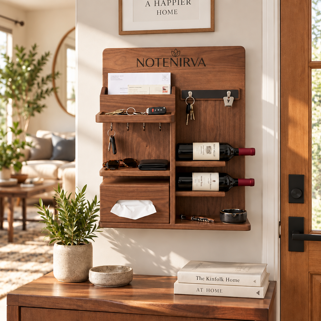 notenirva Modern Wooden Entryway Command Center – 2-Bottle Wine Storage, Key Holder, Letter Sorter & Tissue Dispenser for Console Table