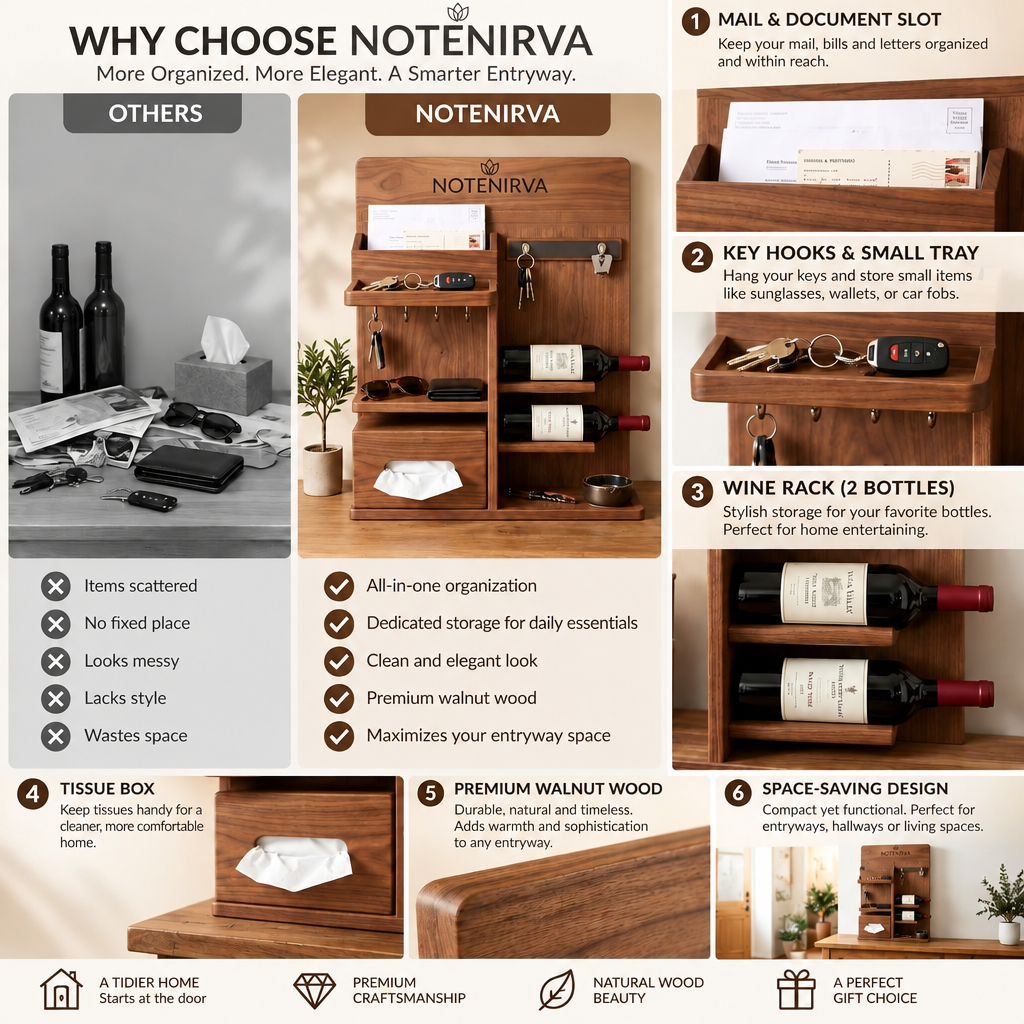 notenirva Modern Wooden Entryway Command Center – 2-Bottle Wine Storage, Key Holder, Letter Sorter & Tissue Dispenser for Console Table