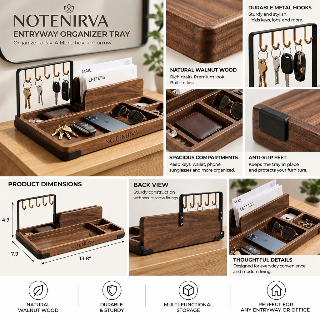 notenirva Entryway Organizer with 5 Metal Key Hooks – Walnut Wood Mail Sorter & EDC Valet Tray for Console Table & Office Desk (Organizer Only)