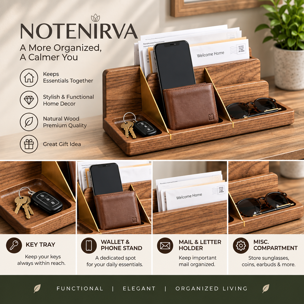 notenirva 4-in-1 Wooden Entryway Organizer & Valet Tray – Walnut Finish Catchall with Mail Sorter, Phone Stand, Wallet Dock & Key Tray (Tray Only)