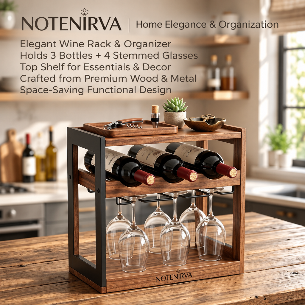 Notenirva Countertop Wine Rack & Glass Holder – Modern Wood & Metal Freestanding Wine Organizer (Holds 3 Bottles + 4 Stemmed Glasses)