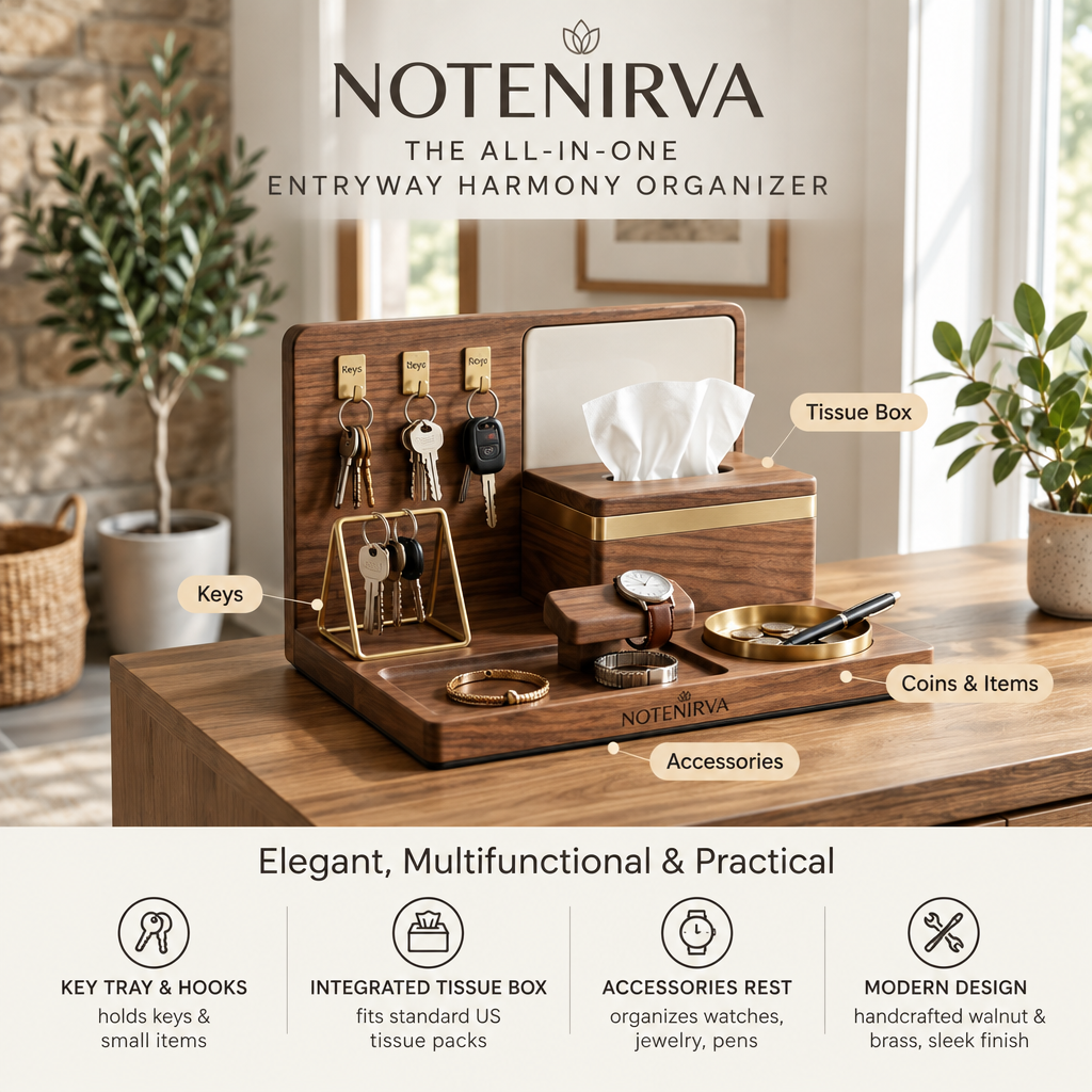 notenirva Modern Walnut Wood EDC Valet Station – Entryway Key Rack, Facial Tissue Dispenser, Watch Stand & Brass Coin Dish