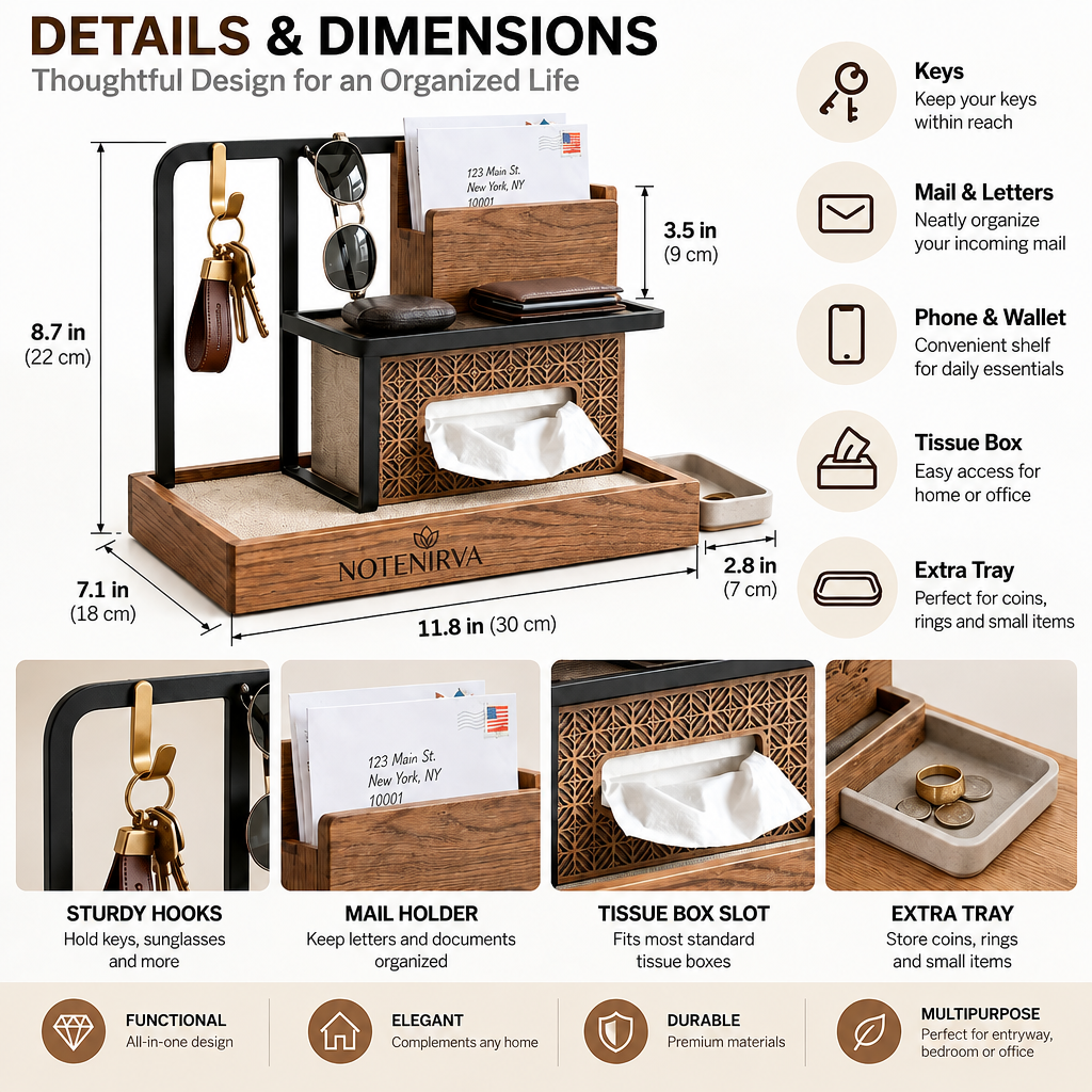 Notenirva Modern Multi-Tier EDC Valet Station – Entryway Mail Holder, Key Rack, Glasses Stand & Tissue Box Cover for Console Table