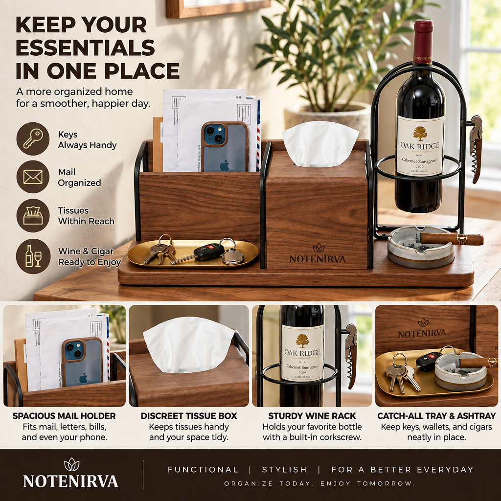 notenirva Modern Walnut Wood & Metal Entryway Command Center – Mail Holder, Facial Tissue Dispenser, Wine Bottle Stand & Brass Catchall Tray