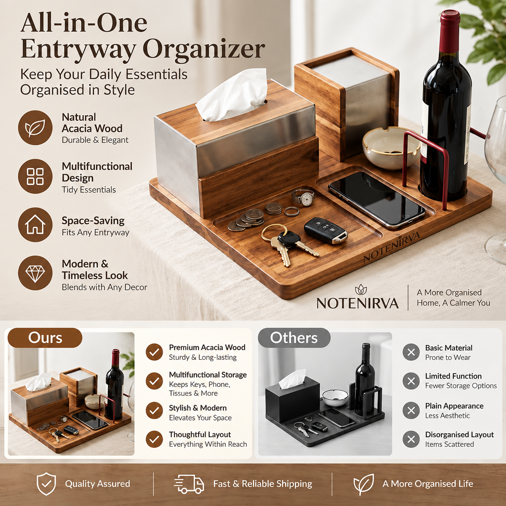notenirva Handcrafted Acacia Wood Desktop Valet Station – Tissue Dispenser, Wine Cradle, Phone Stand & EDC Catchall for Dining & Console Table