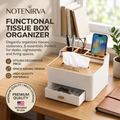 notenirva Modern Nordic Tissue Box Organizer with Natural Wood Lid & Drawer – Minimalist Desktop Caddy for Living Room, Bedroom & Vanity