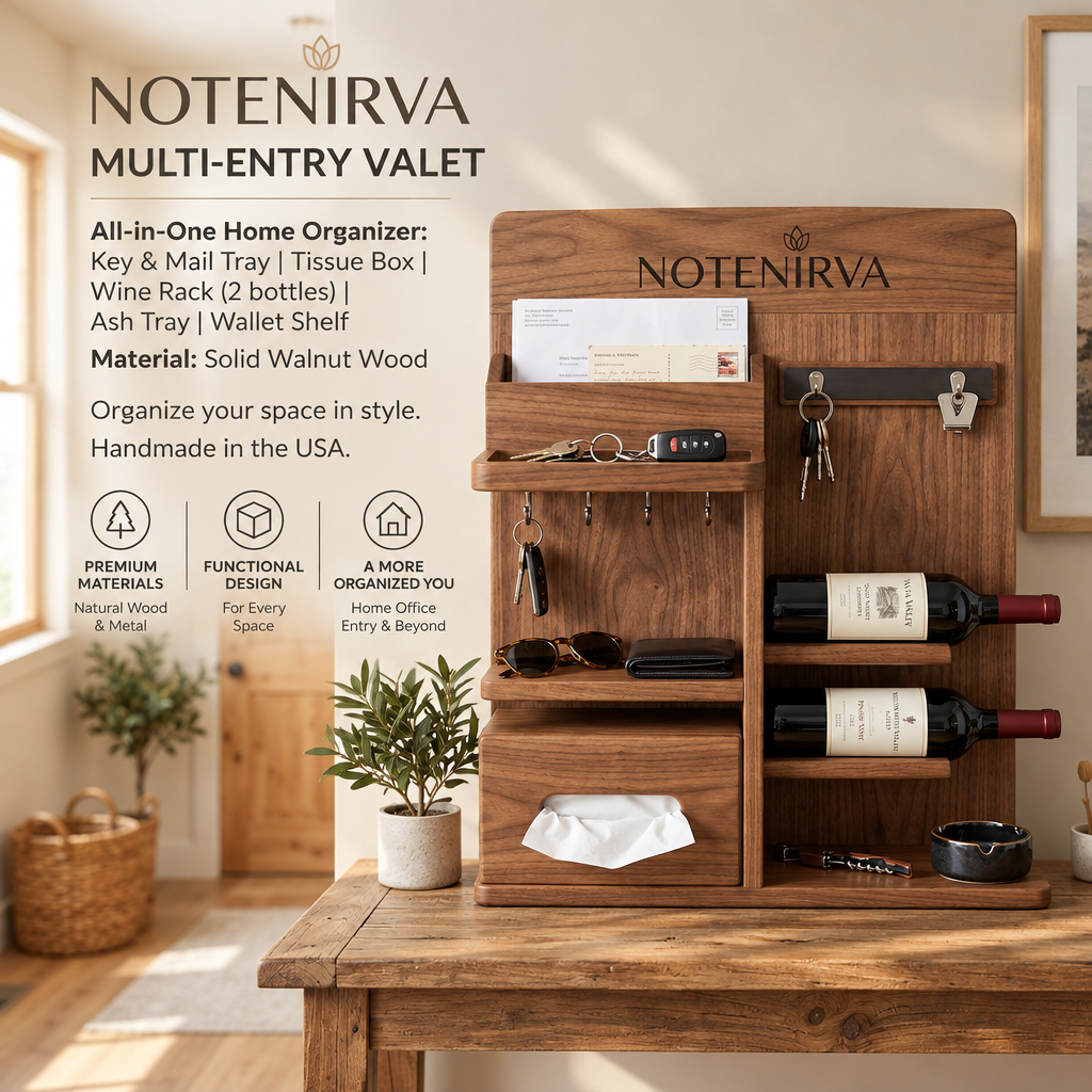 notenirva Modern Wooden Entryway Command Center – 2-Bottle Wine Storage, Key Holder, Letter Sorter & Tissue Dispenser for Console Table