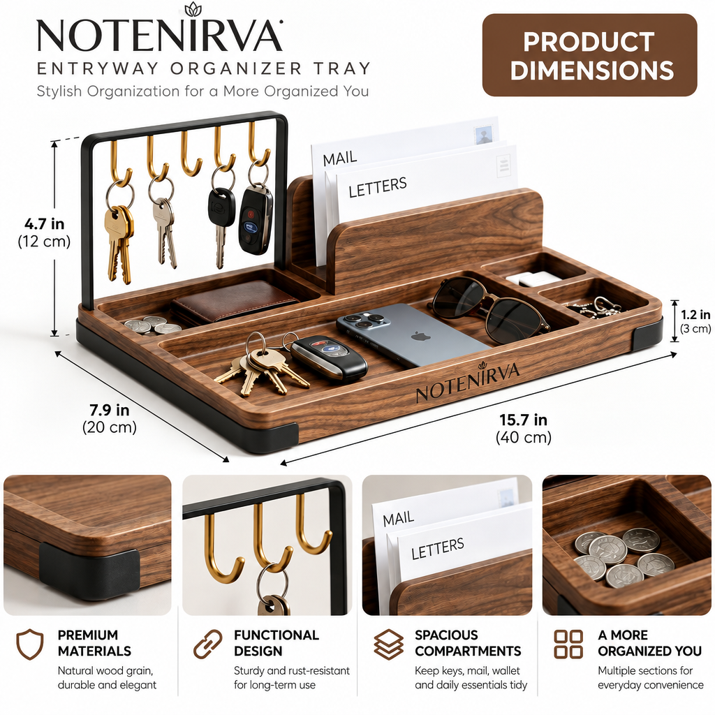 notenirva Entryway Organizer with 5 Metal Key Hooks – Walnut Wood Mail Sorter & EDC Valet Tray for Console Table & Office Desk (Organizer Only)