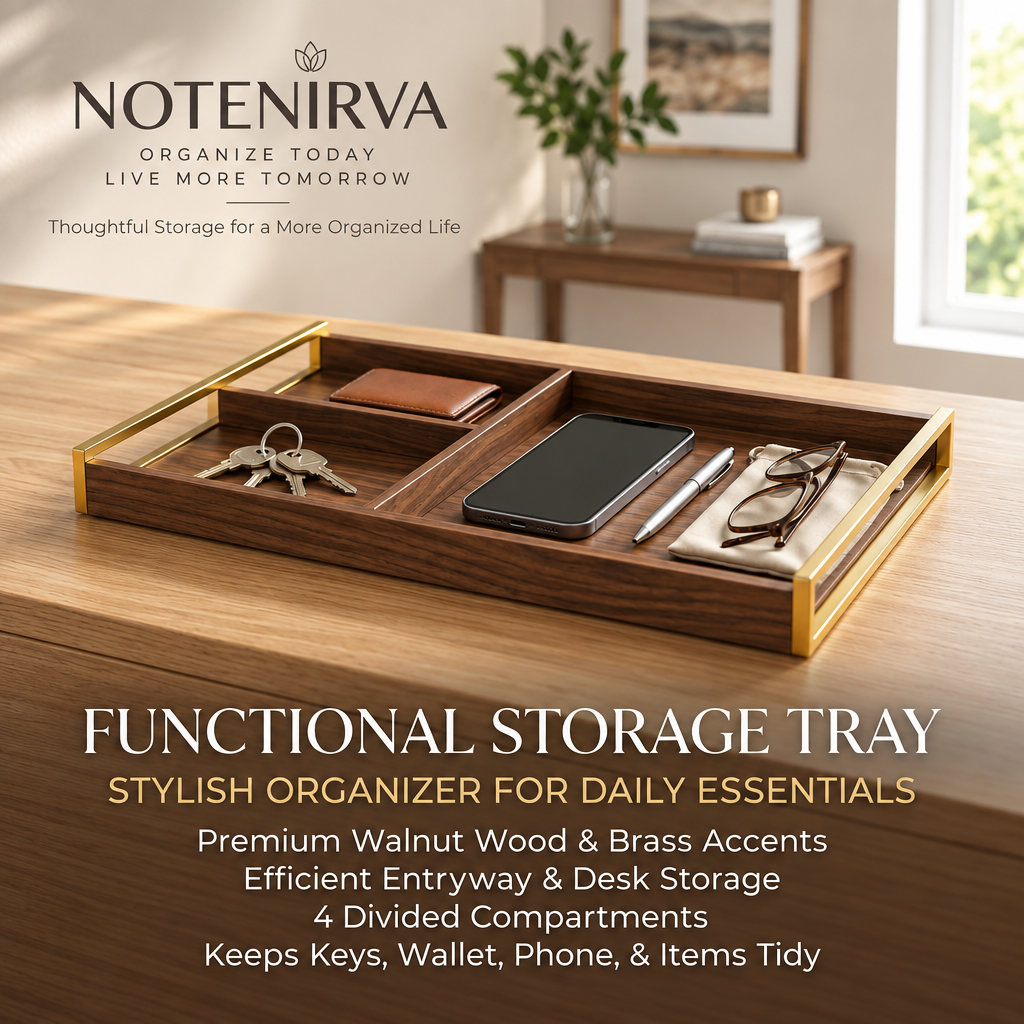 notenirva Walnut Wood Valet Tray with Brass Accents – 4-Compartment EDC Catchall Tray for Keys, Phone, Wallet & Glasses (Tray Only)