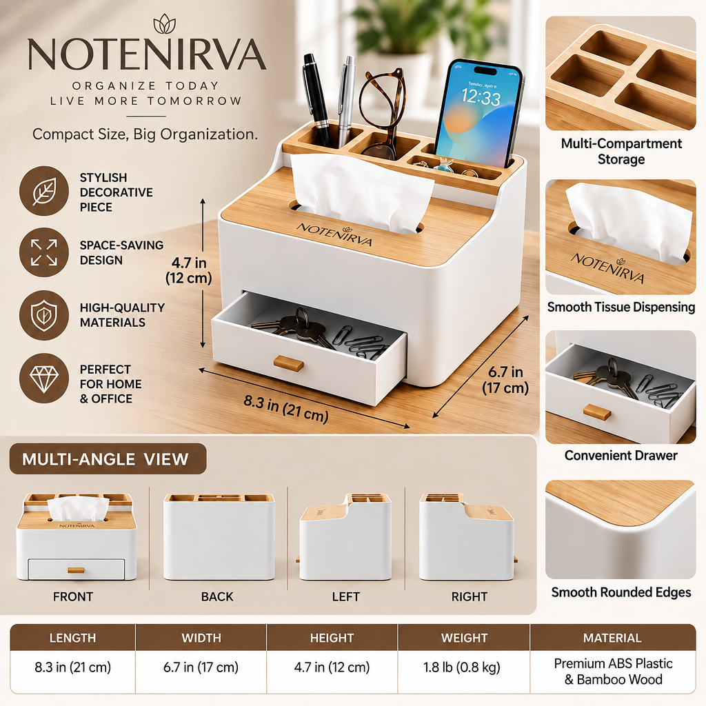 notenirva Modern Nordic Tissue Box Organizer with Natural Wood Lid & Drawer – Minimalist Desktop Caddy for Living Room, Bedroom & Vanity