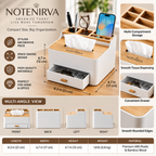notenirva Modern Nordic Tissue Box Organizer with Natural Wood Lid & Drawer – Minimalist Desktop Caddy for Living Room, Bedroom & Vanity