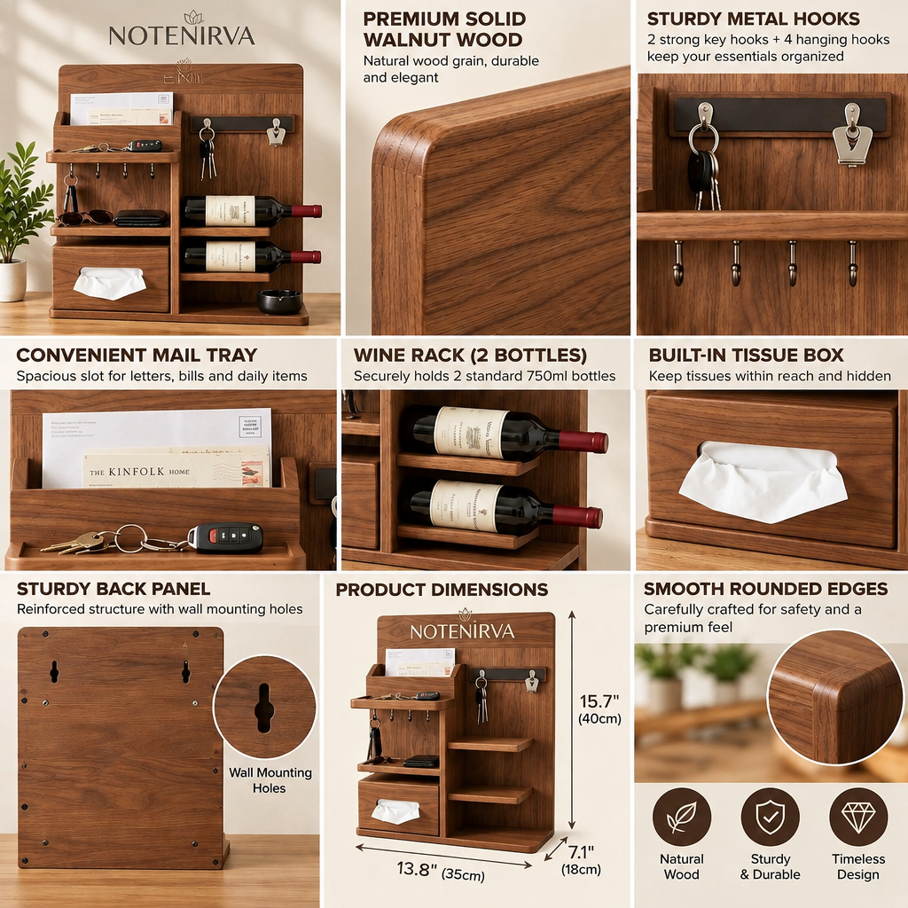 notenirva Modern Wooden Entryway Command Center – 2-Bottle Wine Storage, Key Holder, Letter Sorter & Tissue Dispenser for Console Table