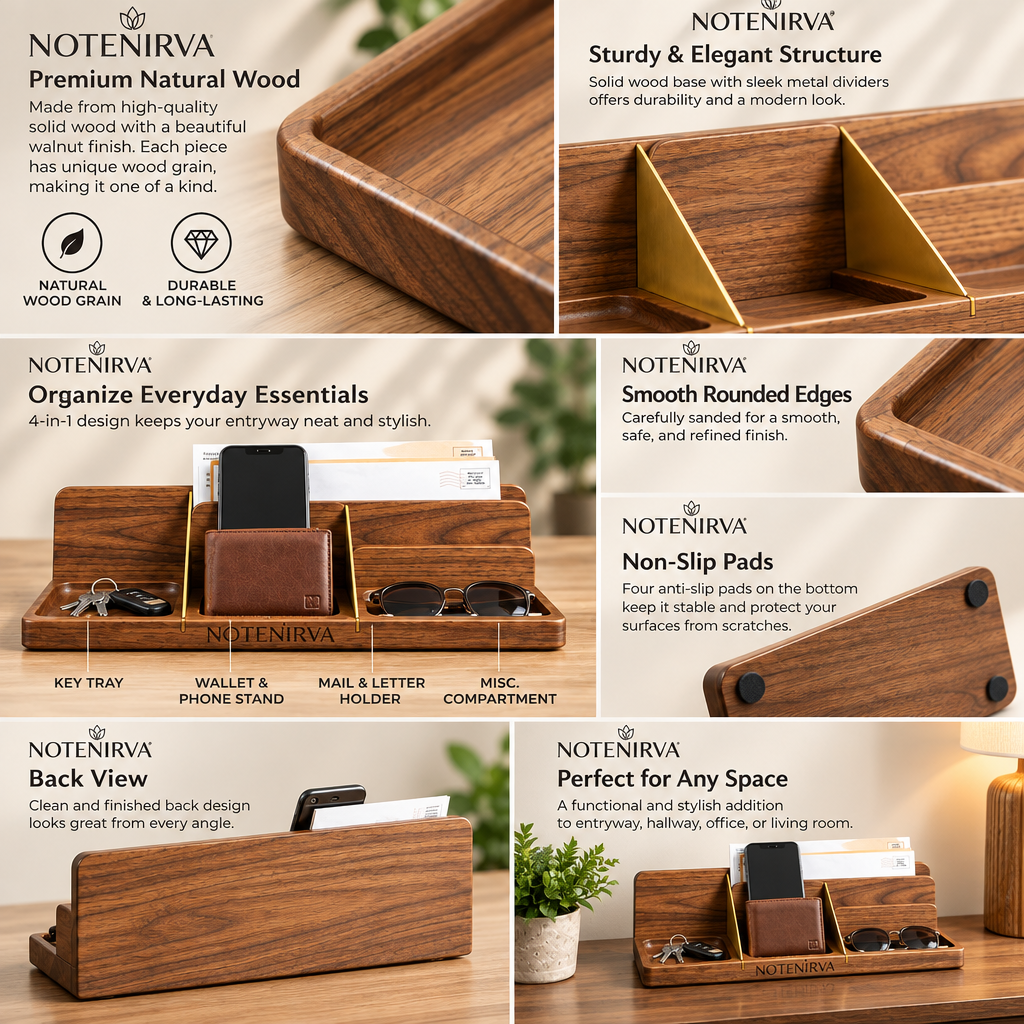 notenirva 4-in-1 Wooden Entryway Organizer & Valet Tray – Walnut Finish Catchall with Mail Sorter, Phone Stand, Wallet Dock & Key Tray (Tray Only)