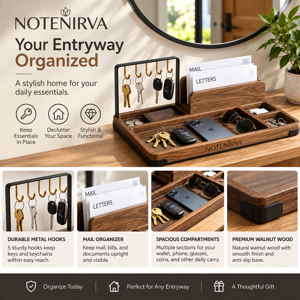 notenirva Entryway Organizer with 5 Metal Key Hooks – Walnut Wood Mail Sorter & EDC Valet Tray for Console Table & Office Desk (Organizer Only)