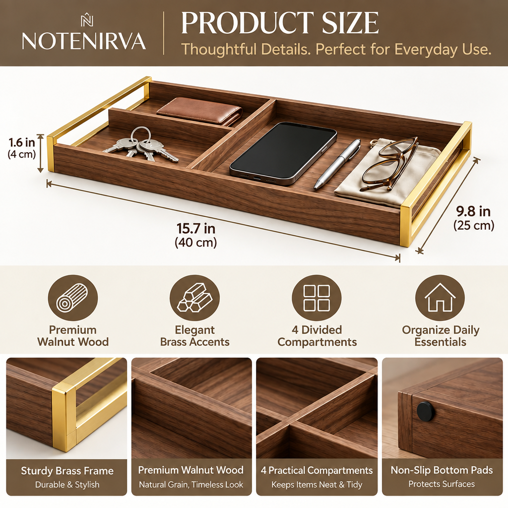 notenirva Walnut Wood Valet Tray with Brass Accents – 4-Compartment EDC Catchall Tray for Keys, Phone, Wallet & Glasses (Tray Only)