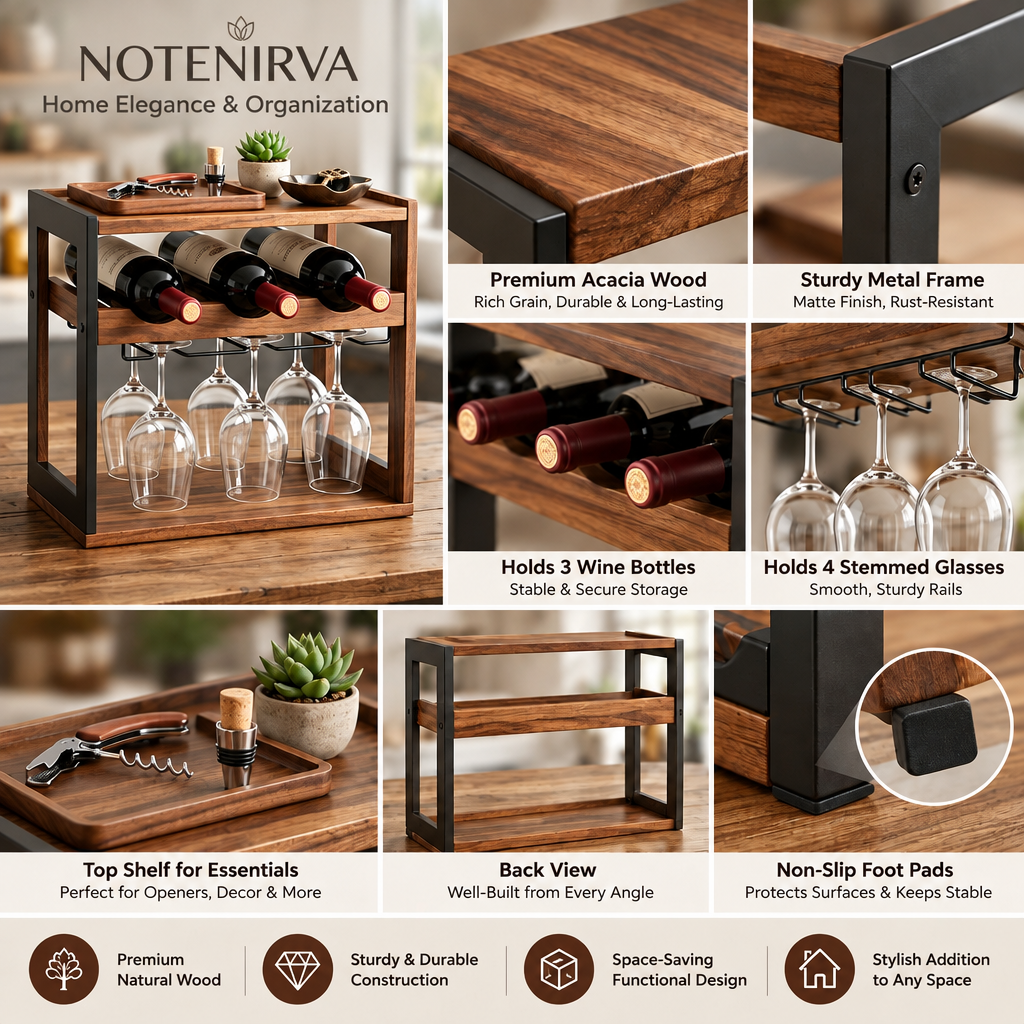 Notenirva Countertop Wine Rack & Glass Holder – Modern Wood & Metal Freestanding Wine Organizer (Holds 3 Bottles + 4 Stemmed Glasses)