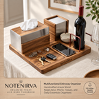 notenirva Handcrafted Acacia Wood Desktop Valet Station – Tissue Dispenser, Wine Cradle, Phone Stand & EDC Catchall for Dining & Console Table