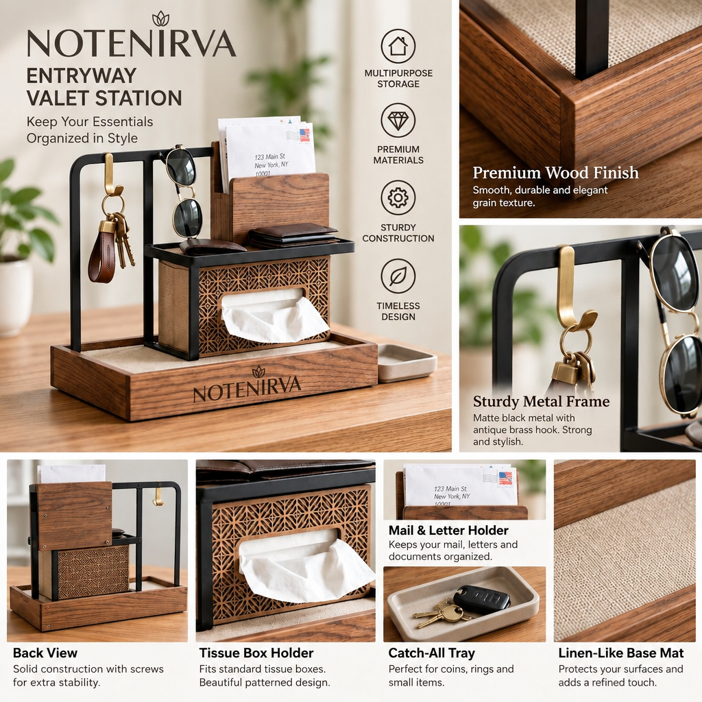 Notenirva Modern Multi-Tier EDC Valet Station – Entryway Mail Holder, Key Rack, Glasses Stand & Tissue Box Cover for Console Table