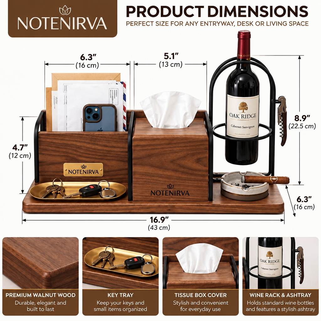 notenirva Modern Walnut Wood & Metal Entryway Command Center – Mail Holder, Facial Tissue Dispenser, Wine Bottle Stand & Brass Catchall Tray