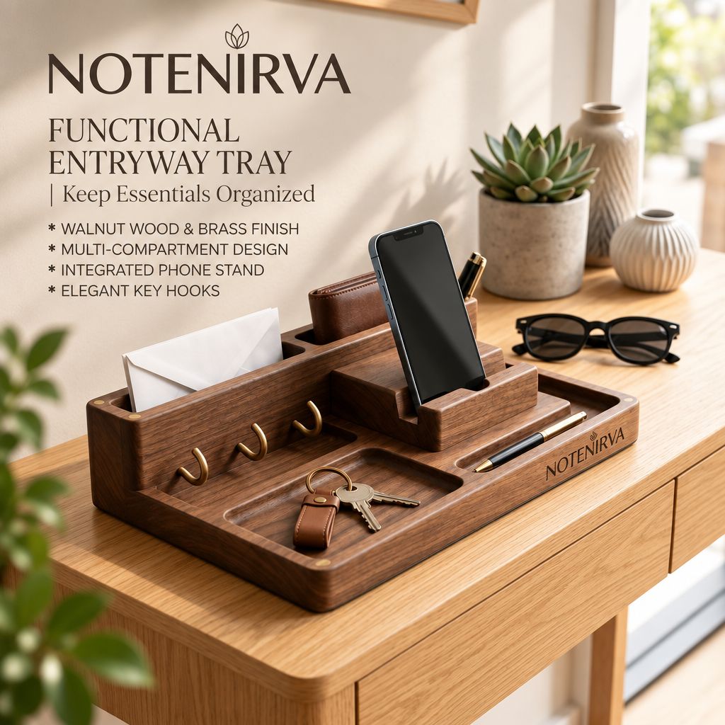 notenirva Modern Walnut Wood EDC Valet Station – Entryway Mail Sorter, Brass Key Hooks, Phone Dock & Pen Catchall Tray