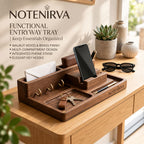 notenirva Modern Walnut Wood EDC Valet Station – Entryway Mail Sorter, Brass Key Hooks, Phone Dock & Pen Catchall Tray