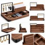 notenirva Entryway Organizer with 5 Metal Key Hooks – Walnut Wood Mail Sorter & EDC Valet Tray for Console Table & Office Desk (Organizer Only)