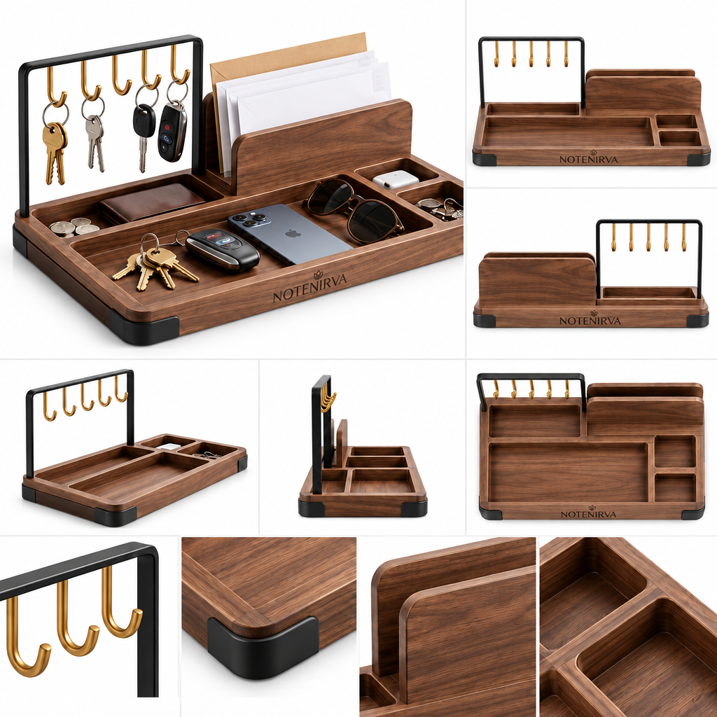 notenirva Entryway Organizer with 5 Metal Key Hooks – Walnut Wood Mail Sorter & EDC Valet Tray for Console Table & Office Desk (Organizer Only)