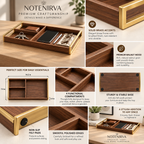 notenirva Walnut Wood Valet Tray with Brass Accents – 4-Compartment EDC Catchall Tray for Keys, Phone, Wallet & Glasses (Tray Only)