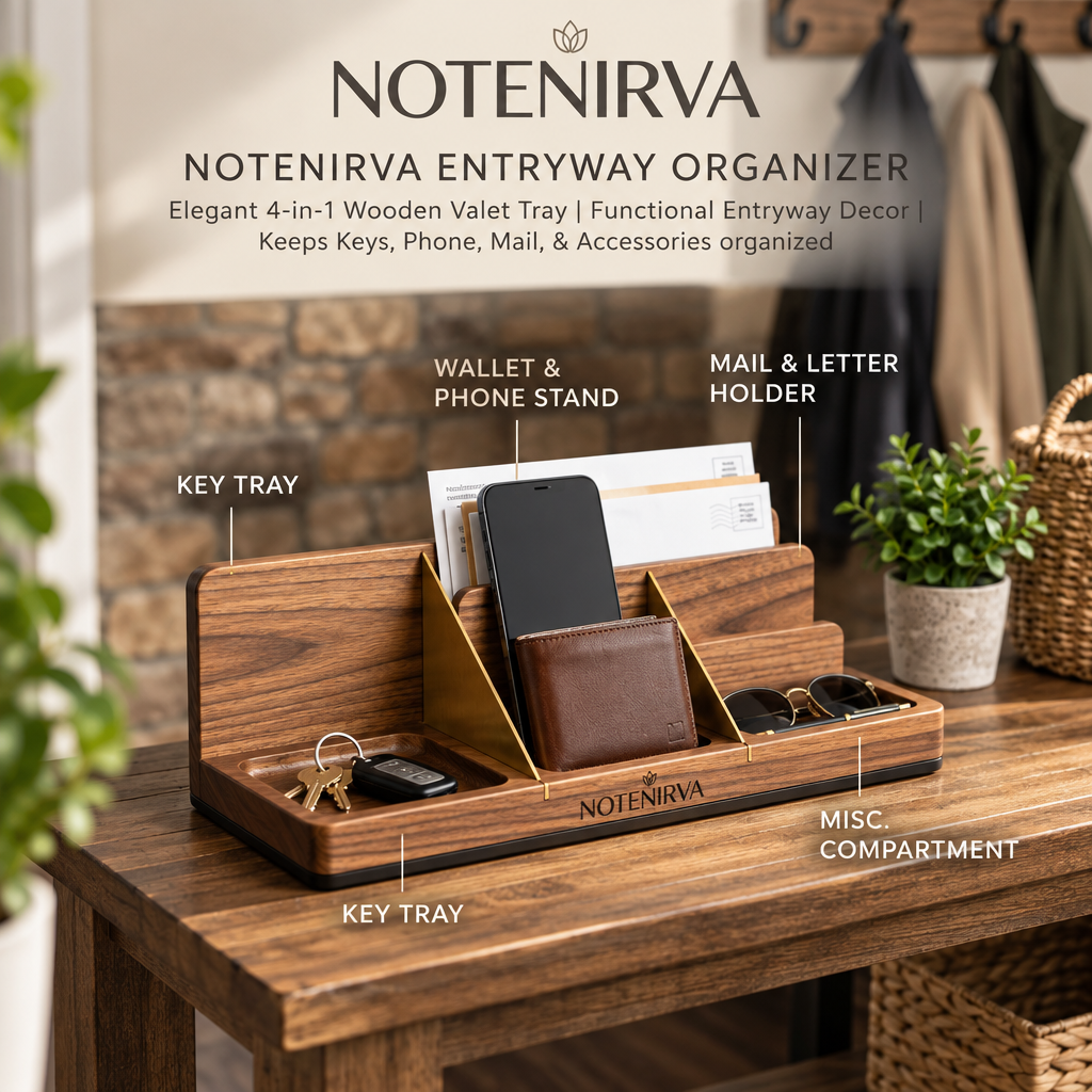 notenirva 4-in-1 Wooden Entryway Organizer & Valet Tray – Walnut Finish Catchall with Mail Sorter, Phone Stand, Wallet Dock & Key Tray (Tray Only)