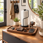 Notenirva Modern Walnut Wood & Metal Valet Station – Paper Towel Dispenser, Watch Display Stand & Desktop Organizer Tray
