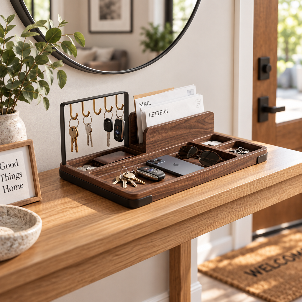 notenirva Entryway Organizer with 5 Metal Key Hooks – Walnut Wood Mail Sorter & EDC Valet Tray for Console Table & Office Desk (Organizer Only)