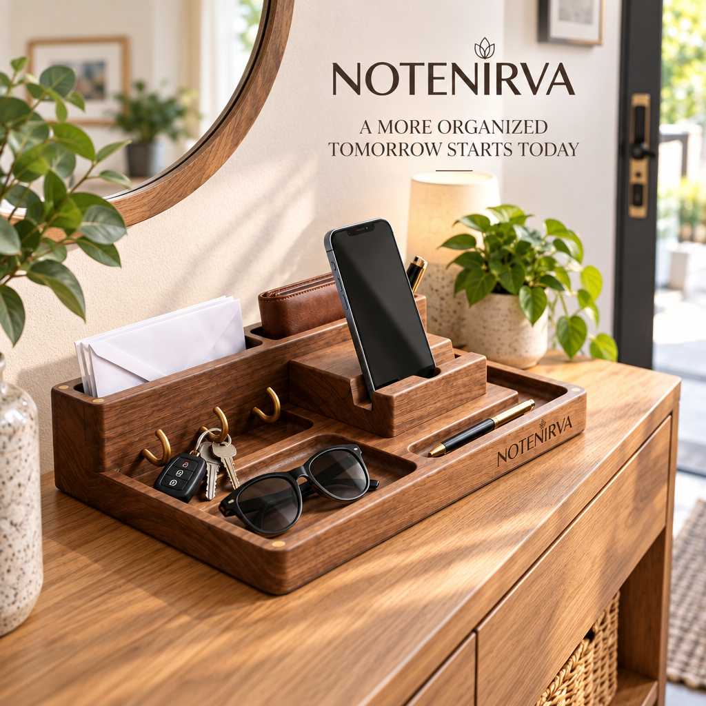 notenirva Modern Walnut Wood EDC Valet Station – Entryway Mail Sorter, Brass Key Hooks, Phone Dock & Pen Catchall Tray