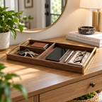 notenirva Walnut Wood Valet Tray with Brass Accents – 4-Compartment EDC Catchall Tray for Keys, Phone, Wallet & Glasses (Tray Only)