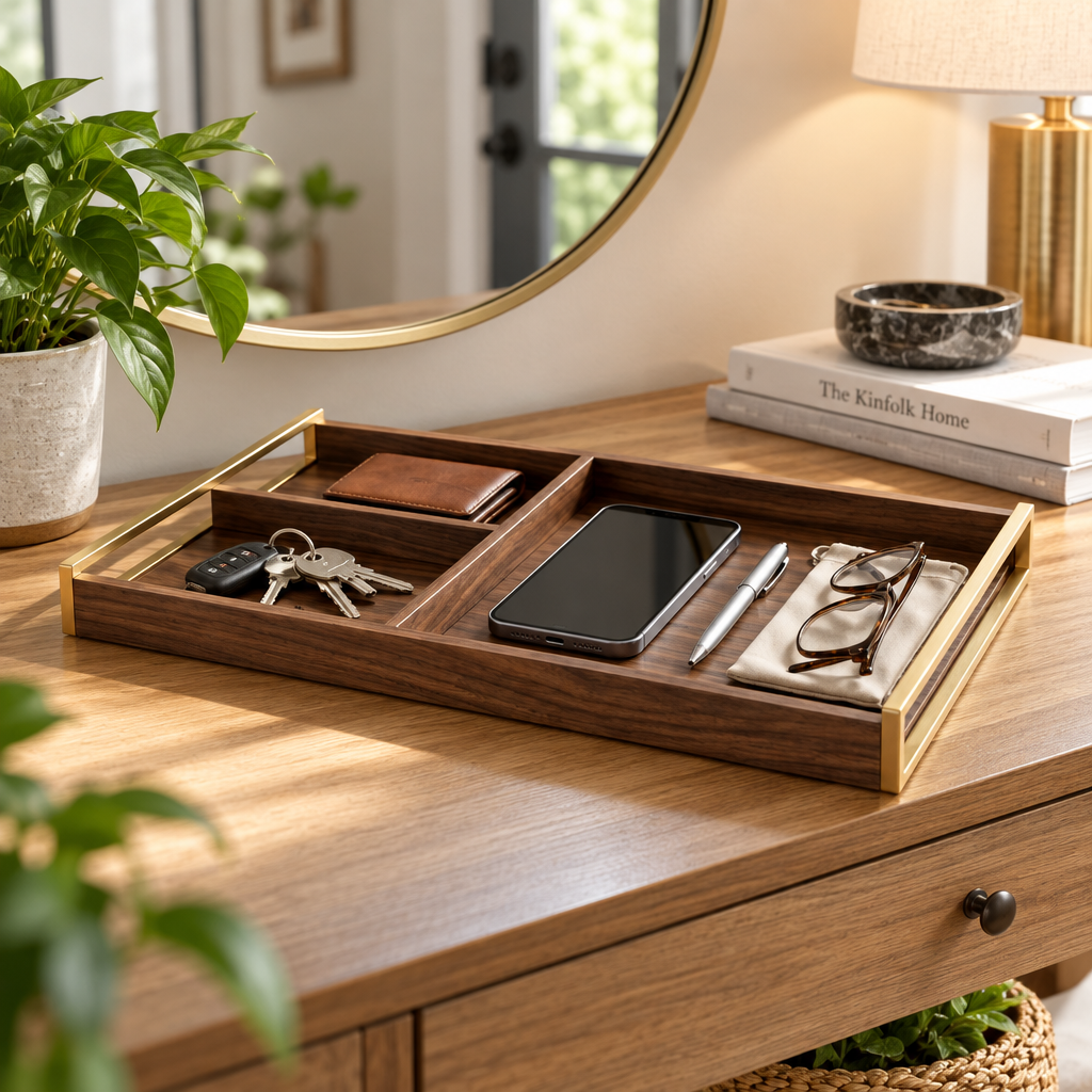 notenirva Walnut Wood Valet Tray with Brass Accents – 4-Compartment EDC Catchall Tray for Keys, Phone, Wallet & Glasses (Tray Only)