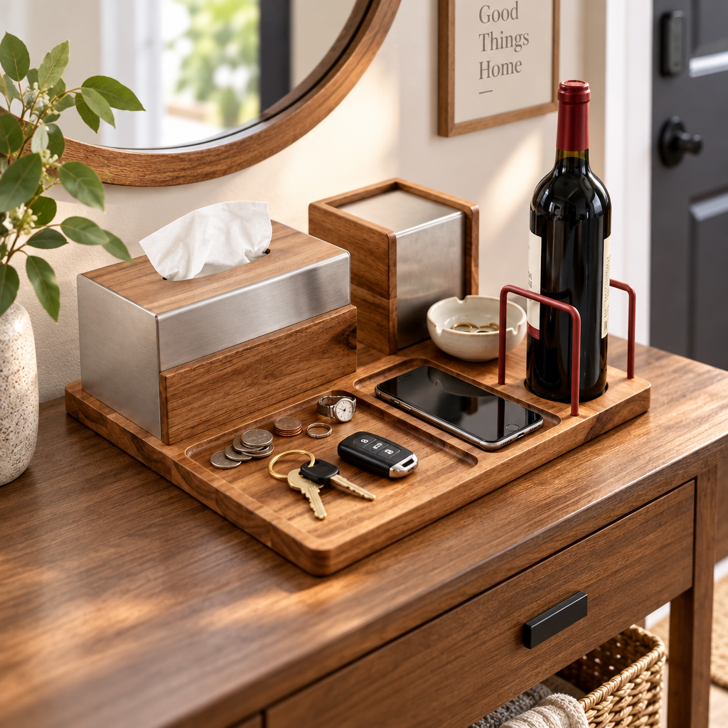 notenirva Handcrafted Acacia Wood Desktop Valet Station – Tissue Dispenser, Wine Cradle, Phone Stand & EDC Catchall for Dining & Console Table