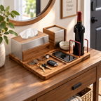 notenirva Handcrafted Acacia Wood Desktop Valet Station – Tissue Dispenser, Wine Cradle, Phone Stand & EDC Catchall for Dining & Console Table