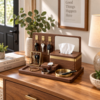 notenirva Modern Walnut Wood EDC Valet Station – Entryway Key Rack, Facial Tissue Dispenser, Watch Stand & Brass Coin Dish