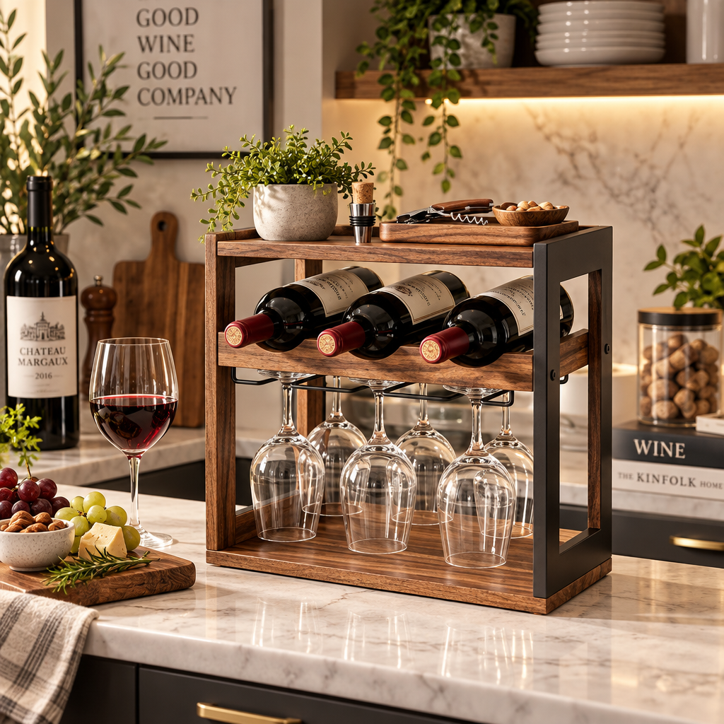 Notenirva Countertop Wine Rack & Glass Holder – Modern Wood & Metal Freestanding Wine Organizer (Holds 3 Bottles + 4 Stemmed Glasses)