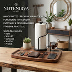 Notenirva Modern Walnut Wood & Metal Valet Station – Paper Towel Dispenser, Watch Display Stand & Desktop Organizer Tray