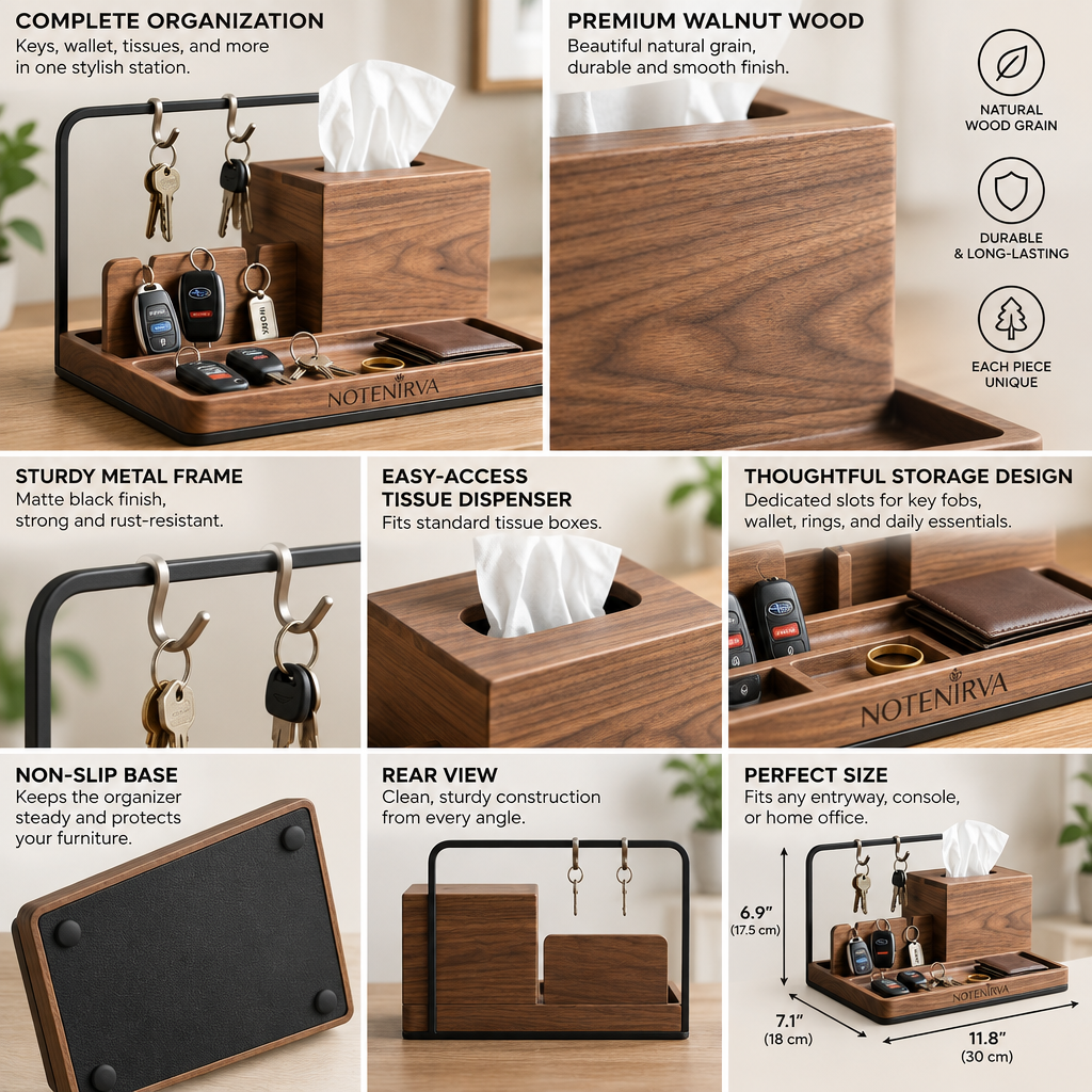 Notenirva Modern Wooden EDC Valet Station – Solid Walnut & Matte Black Metal Key Holder, Tissue Dispenser, and Wallet Catchall
