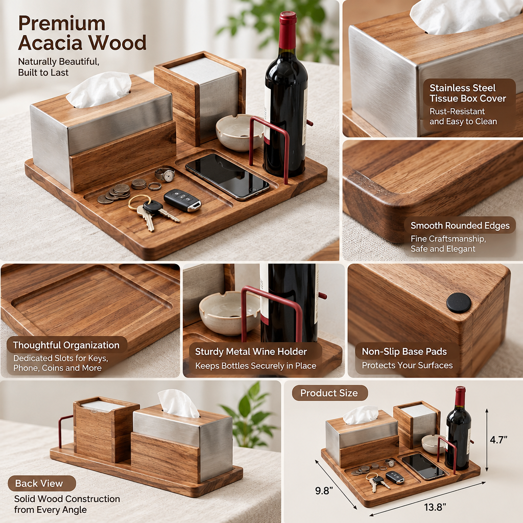 notenirva Handcrafted Acacia Wood Desktop Valet Station – Tissue Dispenser, Wine Cradle, Phone Stand & EDC Catchall for Dining & Console Table