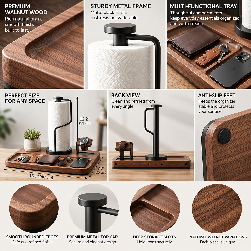 Notenirva Modern Walnut Wood & Metal Valet Station – Paper Towel Dispenser, Watch Display Stand & Desktop Organizer Tray