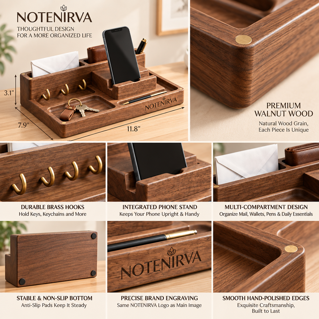 notenirva Modern Walnut Wood EDC Valet Station – Entryway Mail Sorter, Brass Key Hooks, Phone Dock & Pen Catchall Tray